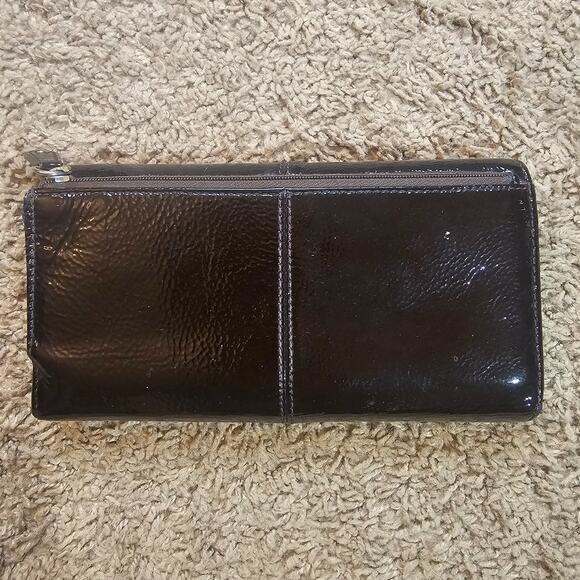 Coach Patent Leather Wallet Tri Fold Clutch Checkbook Holder Long Logo GUC - Picture 2 of 7